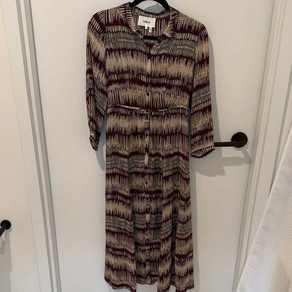 ba&sh Burgundy and Cream Patterned Midi Dress
